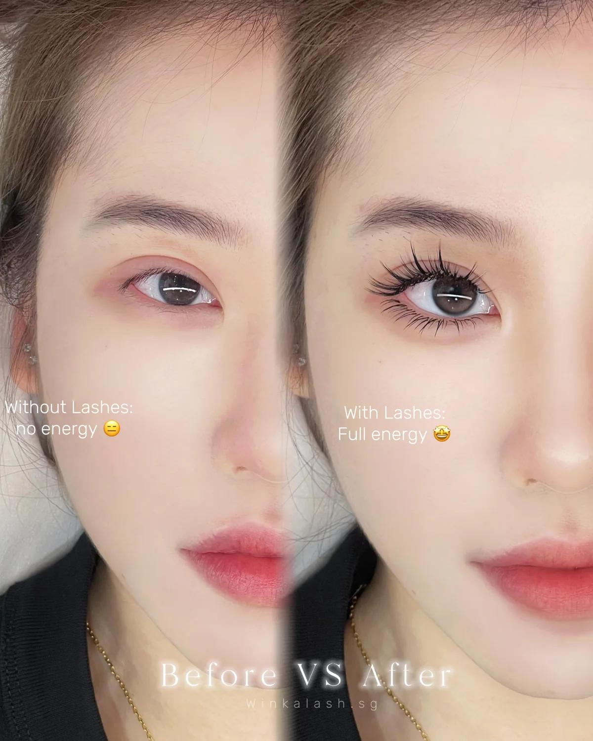 Before-and-after lash comparison; before on the left, after on the right